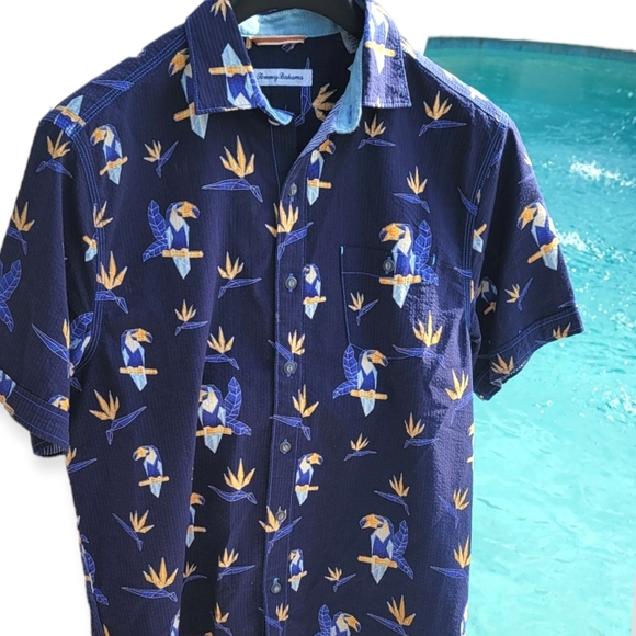 TOMMY BAHAMA Mens Seersucker Toucan Print Campshirt Short Sleeve Size Small Blue - Picture 2 of 7
